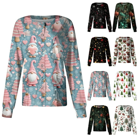 Hearthz Women's Scrub Jackets Christmas Snap Front Nurse Uniform Funny Xmas Warm Up Long Sleeve Scrub Top for Woman S-5XL