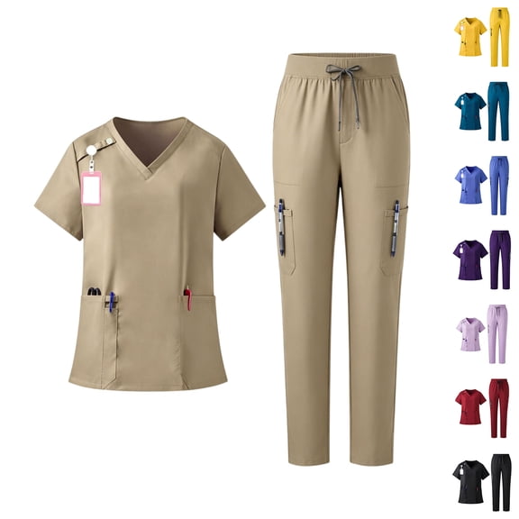 Hearthz Women's Scrubs Set Stretchy V-Neck Top & Jogger Pants Plus Size Scrub Suit Medical Uniform with Pocket