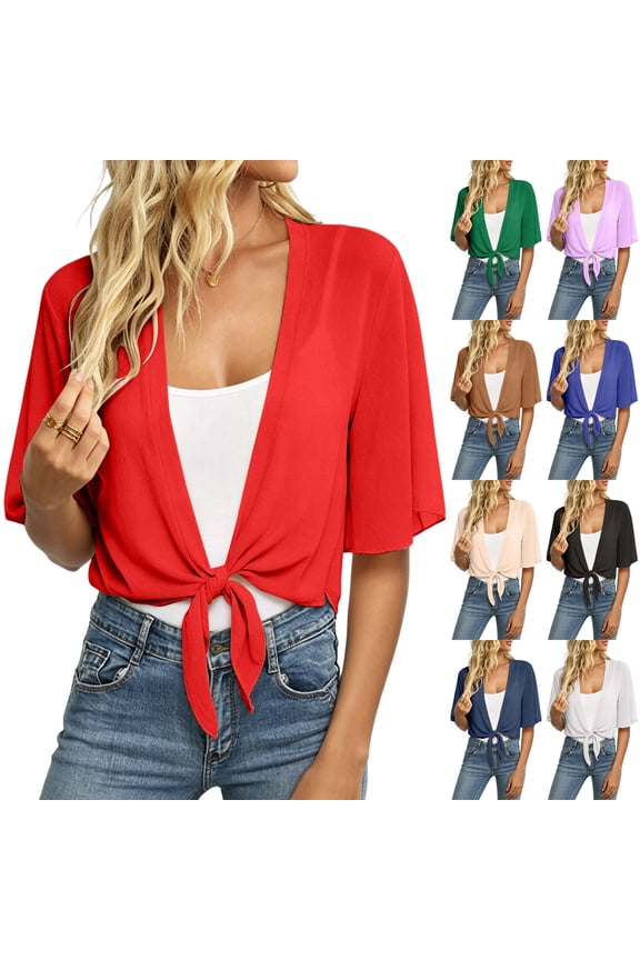 Women's Short Cardigan Sheer Shrug Tie Open Front Bell Sleeve Summer Cropped Cardigan White M