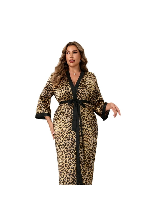 Women's Spring & Fall Plus Size Leopard Print Belted Wrap Robe, Casual Elegant Soft Comfy Long Lounge Robe Homewear Leopard Print,4XL