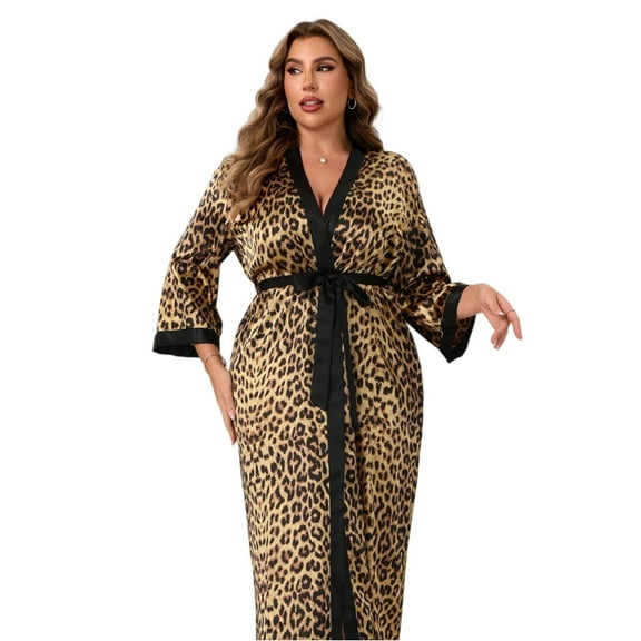 Hearthz Women's Spring & Fall Plus Size Leopard Print Belted Wrap Robe, Casual Elegant Soft Comfy Long Lounge Robe Homewear Leopard Print,5XL