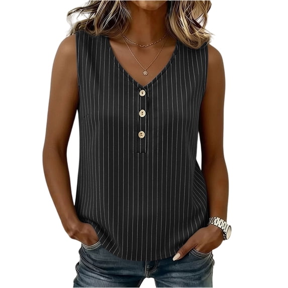 Hearthz Women's Striped V Neck Sleeveless Tops for Women 3 Buttons Henley Curved Hem Womens Tank Tops Lightweight Textured Vest