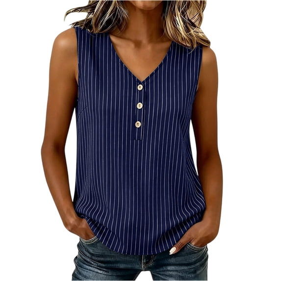 Hearthz Women's Striped V Neck Womens Sleeveless Shirts 3 Buttons Henley Curved Hem Womens Tank Tops Lightweight Textured Vest