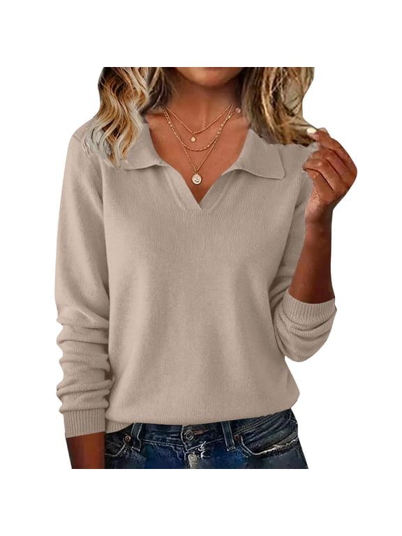 Women's V-Neck Sweaters Ribbed Basic Collared Long Sleeve Shirt Women Knit Spring Winter Lightweight Womens Tops