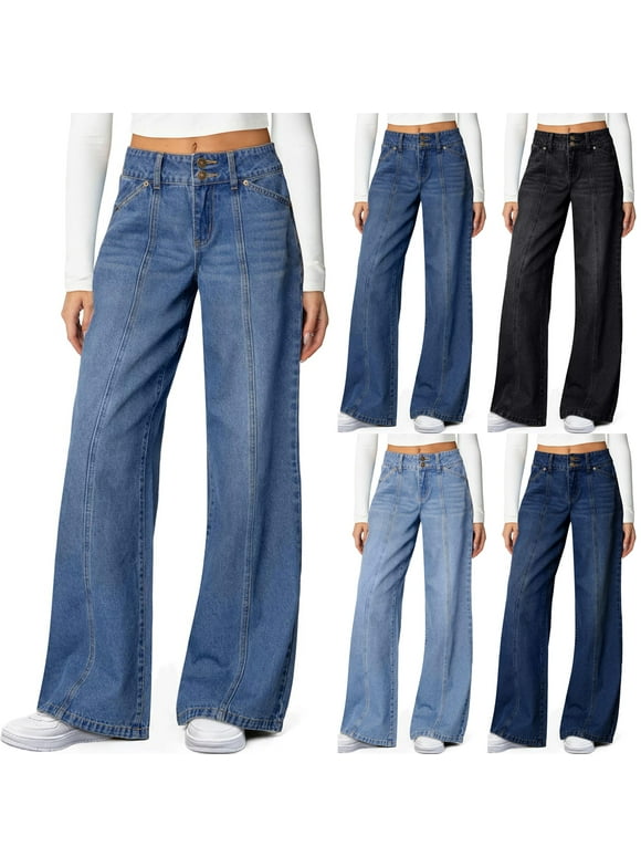 Women's Wide Leg Jeans High Waisted Stretchy Straight Leg Baggy Womens Jeans Trendy Seamed Front Loose Denim Pants Women with Pockets