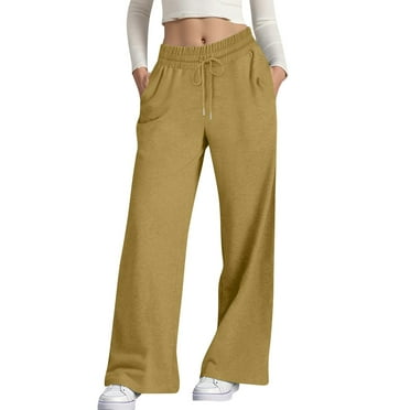 Hearthz Women's Wide Leg Sweatpants Double Waisted Baggy Sweat Pants with Pockets Khaki,XL