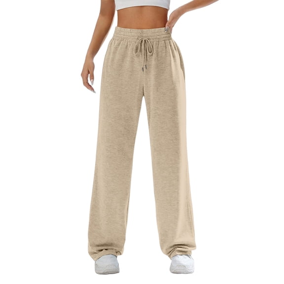 Hearthz Women's Wide Leg Sweatpants High Waist Baggy Flared Pants Drawstring Athletic Joggers Sweat Pants Khaki,L