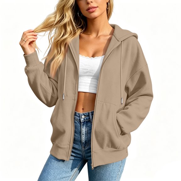 Hearthz Women's Zip Up Hoodie Jacket Solid Color Drop Shoulder Women Zip Up Hoodie Fall Winter Warm Jackets for Women with Pocket Camel L