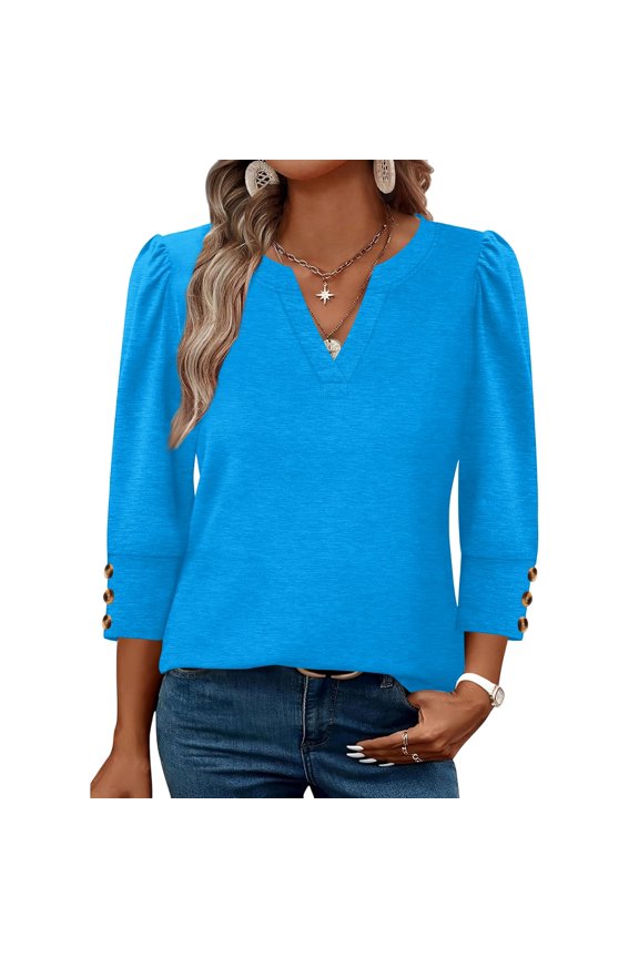 Womens 3/4 Sleeve Tops Puff Shoulder Womens Shirts V-Neck Button Cuff Tunic Top Summer Boho Women Blouses