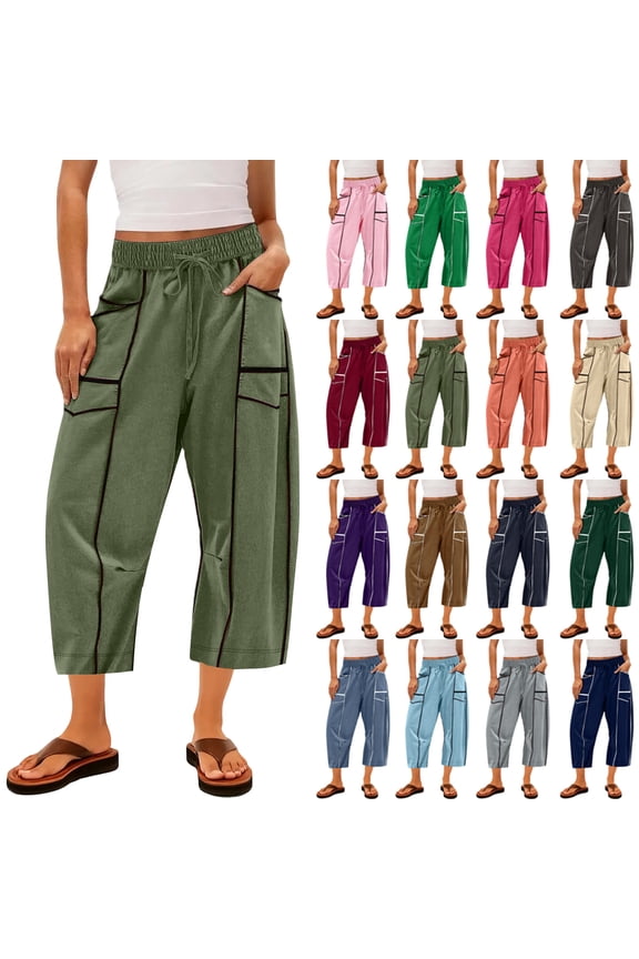 Womens Baggy Barrel Pants Wide Leg Palazzo Comfy Lounge Pants Women Drawstring Color Block Capri Pants for Women Plus Size with Pockets