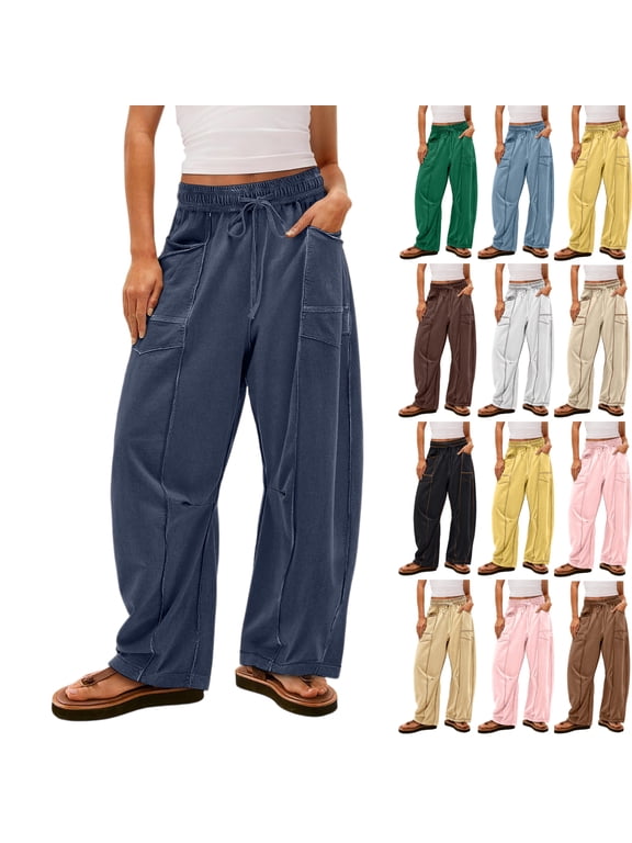 Womens Barrel Pants High Waisted Wide Leg Sweat Pants for Womens Drawstring Waist Contrast Patchwork Pants for Women with Pockets