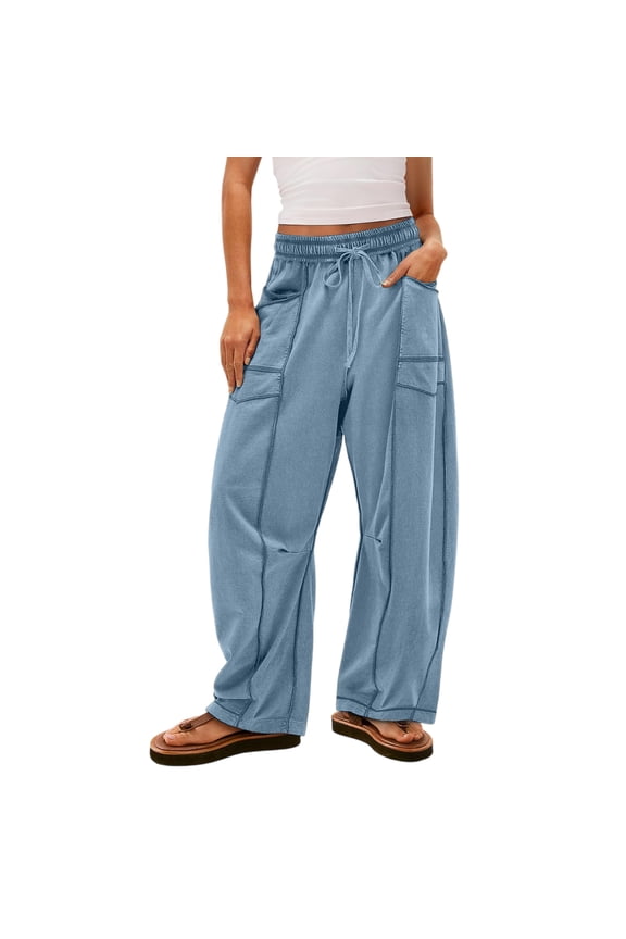 Womens Barrel Pants High Waisted Wide Leg Sweat Pants for Womens Drawstring Waist Contrast Patchwork Women Pants W/pockets