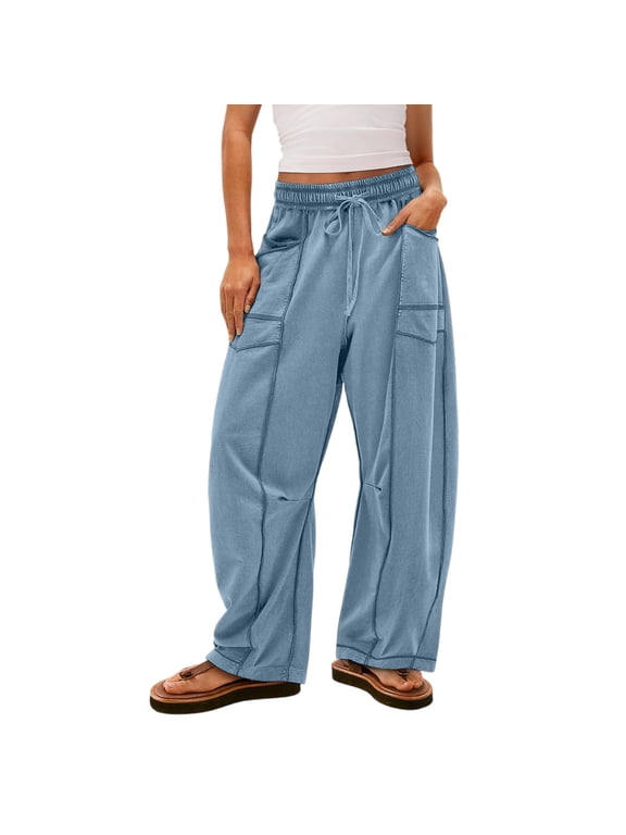 Womens Barrel Pants High Waisted Wide Leg Sweat Pants for Womens Drawstring Waist Contrast Patchwork Women Pants W/pockets