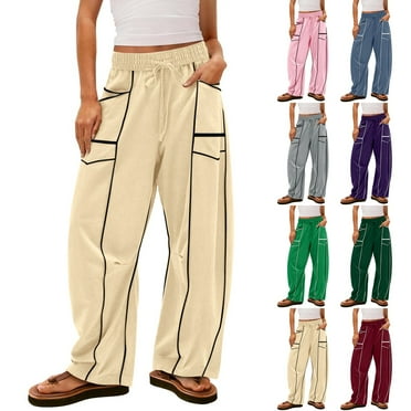 Hearthz Womens Barrel Pants High Waisted Wide Leg Women's Sweatpants Drawstring Waist Contrast Patchwork Women Pants W/pockets