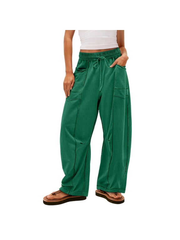 Womens Barrel Sweatpants High Waisted Wide Leg Sweatpants Women Drawstring Waist Contrast Patchwork Pants with Pockets