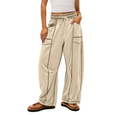 Hearthz Womens Barrel Sweatpants High Waisted Wide Leg Womens Baggy Sweatpants Drawstring Waist Contrast Patchwork Pants with Pockets