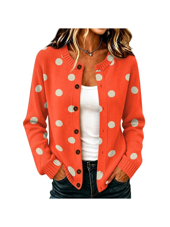 Womens Cardigan Sweater Polka Dot Long Sleeve Open Front Women's Knitted Sweaters Fall Teacher Outfits Warm Cozy Pullover Sweaters for Women