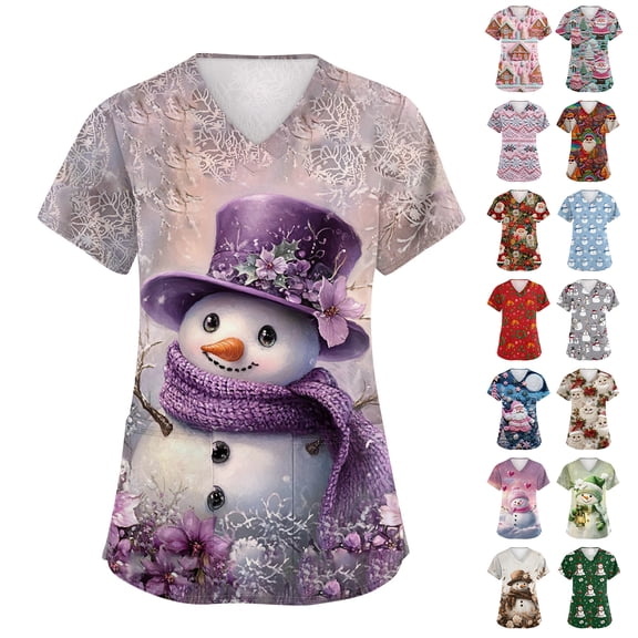 Hearthz Womens Christmas Scrub Tops Plus Size Stretch Woman Scrub Top V Neck Short Sleeve Nursing Uniform with Pockets S-5xl