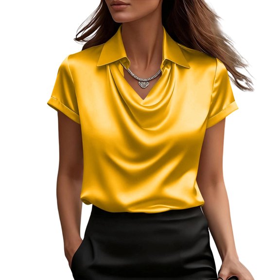 Hearthz Womens Cowl Neck Satin Blouse Short Sleeve Work Tops Dressy Casual Business Office Work Silk Shirt Fall Outfits,Yellow XXL