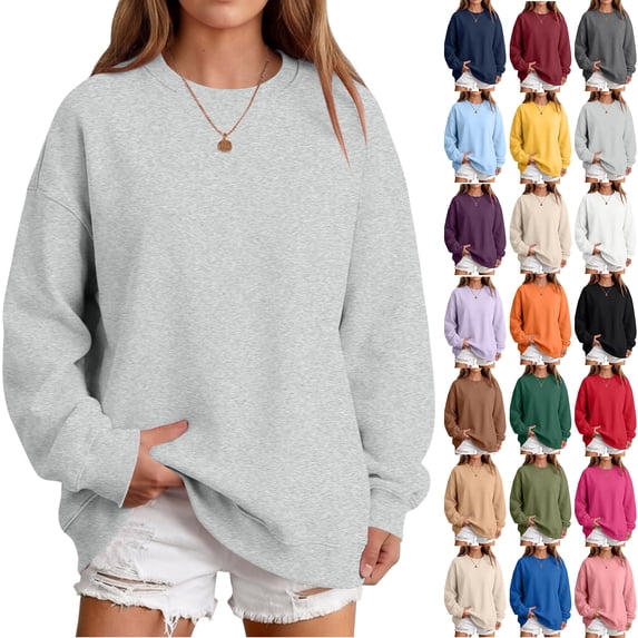 Hearthz Womens Crew Necks Sweatshirts Solid Color Drop Shoulder Long Sleeve Pull Over Sweaters Womens Fall Winter Athletic Workout Oversized Sweatshirt for Women Camel L