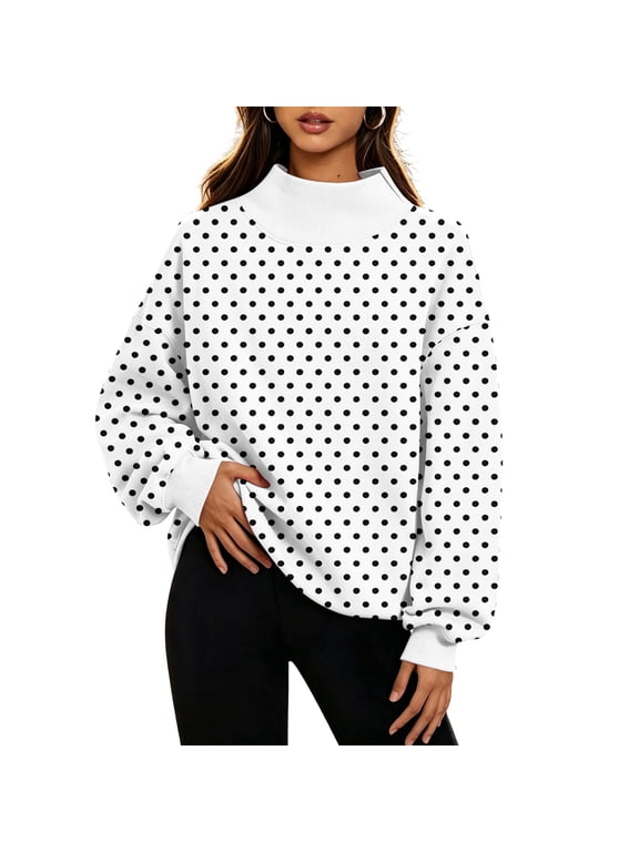 Womens Cute Polka Dot Pullover Sweatshirt Mock Neck Thermal Women's Sweatshirt Oversized Drop Shoulder Long Sleeve Streetwear Y2k Fall Winter Pullover Sweaters for Women