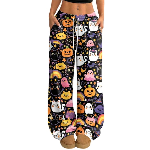 Hearthz Womens Flannel Pajama Pants Boo Ghost Pumpkin Graphic Plush Pajama Pants Women Drawstring Elastic Waist Wide Leg Womens Pajama Pants