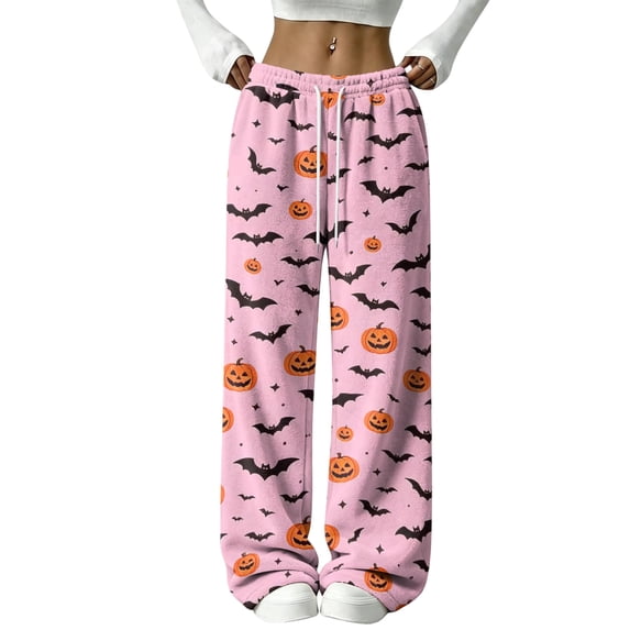 Hearthz Womens Flannel Pajama Pants Ghost Pumpkin Bat Print Womens Fluffy Pajama Pants Drawstring Elastic Waist Wide Leg Women Pajama Pants