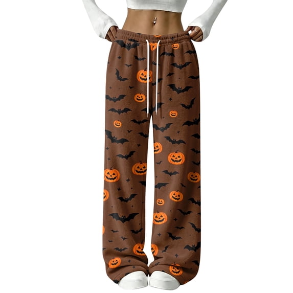 Hearthz Womens Flannel Pajama Pants Ghost Pumpkin Bat Print Womens Plush Pajama Pants Drawstring Elastic Waist Wide Leg Women's Pajama Pants