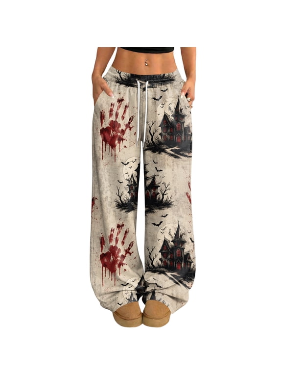 Womens Flannel Pajamas Ghost Jack-O Bat Print Womens Fluffy Pajama Pants Drawstring Elastic Waist Wide Leg Pajama Pants for Women