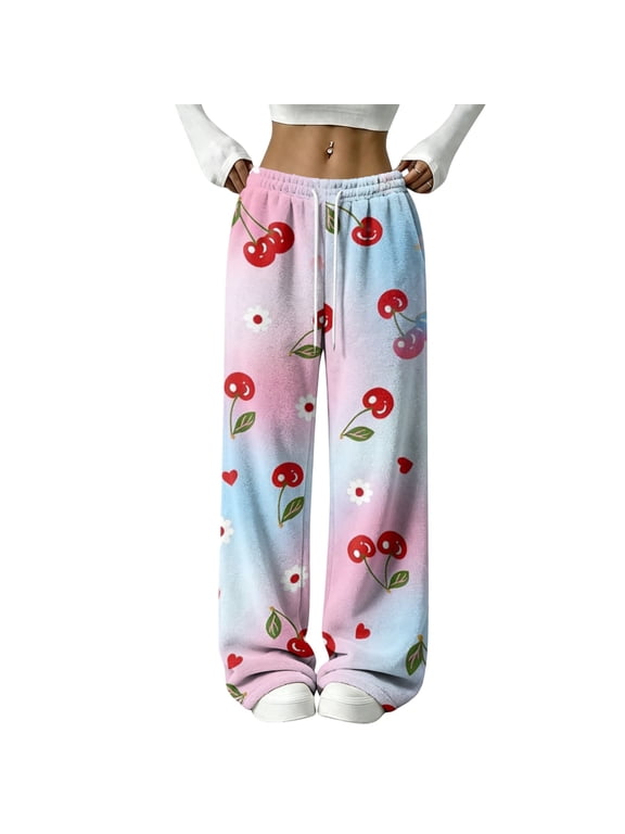 Womens Fleece Pajama Pants Gradient Cherry Floral Wide Leg Womens Pj Pants Elastic Drawstring High Waist Sleeping Pants Women Flannel Pj Pants