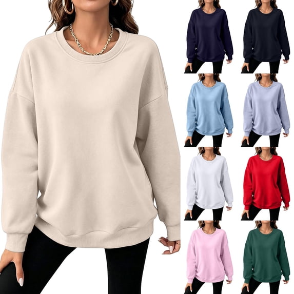 Hearthz Womens Fleece Sweatshirt Solid Color Drop Shoulder Long Sleeve Crewneck Sweatshirts Women Fall Winter Athletic Workout Pullover Top Khaki M