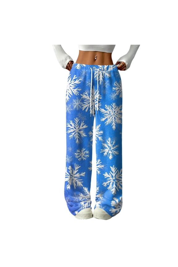 Womens Fuzzy Pajama Pants Christmas Fluffy Fuzzy Fleece Elastic Waist Wide Leg Sleep Pants with Pockets Fall Winter Warm Pj Soft Sleep Bottoms