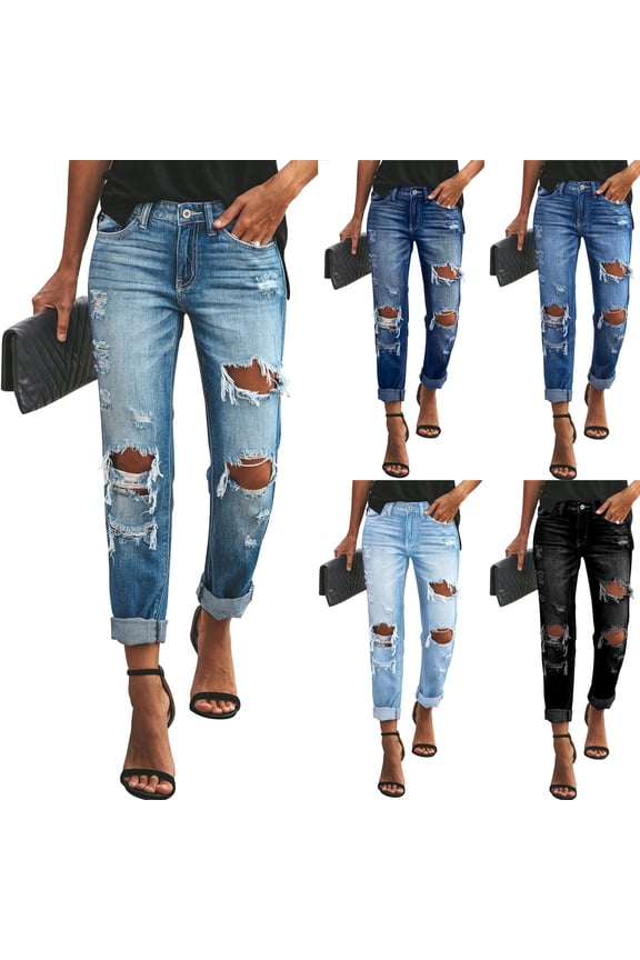 Womens Jeans Ripped Mid Waisted Stretchy Distressed Women Jeans Trendy Seamed Front Loose Denim Pants with Pockets