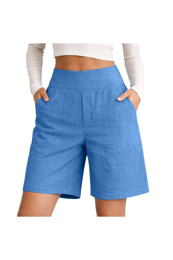 Womens Linen Shorts High Waisted Wide Leg Women’s Shorts Summer Beach Vacation Bermuda Cropped Pants with Pockets