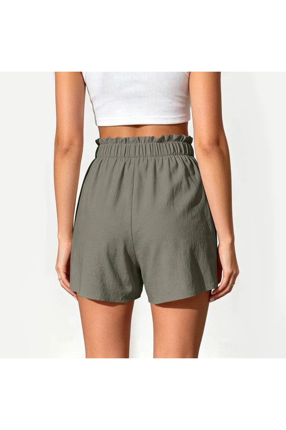 Womens Linen Shorts Wide Leg High Waist Ruffle Women's Shorts Loose Elastic Summer Beach Short with Deep Pockets