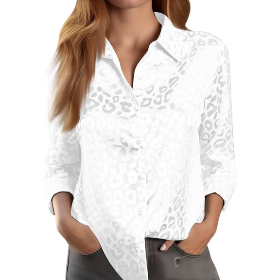 Hearthz Womens Long Sleeve Leopard Jacquard Button Down Shirts Satin Work Business Casual Shirt Blouse Tops,White XXL