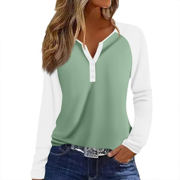 Hearthz Womens Long Sleeve Raglan T Shirts Colorblock Long Sleeve Shirts for Women Fall Button V Neck Henley Shirts for Women
