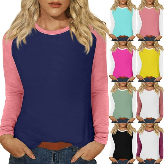 Hearthz Womens Long Sleeve Shirt Fall Top Crewneck Colorblock Cute Tops for Women Trendy Fall Fashion Winter Summer Blouse