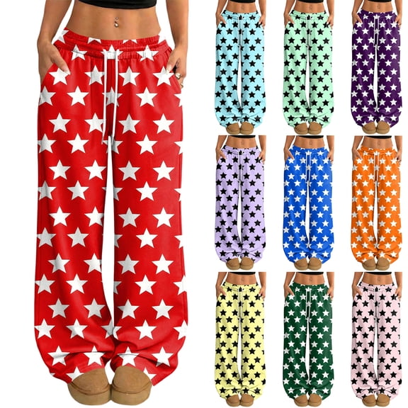 Hearthz Womens Pajama Bottoms Drawstring Wide Leg Star Print Lounge Pants for Women Baggy Soft Comfy Lightweight Sleepwear Bottoms