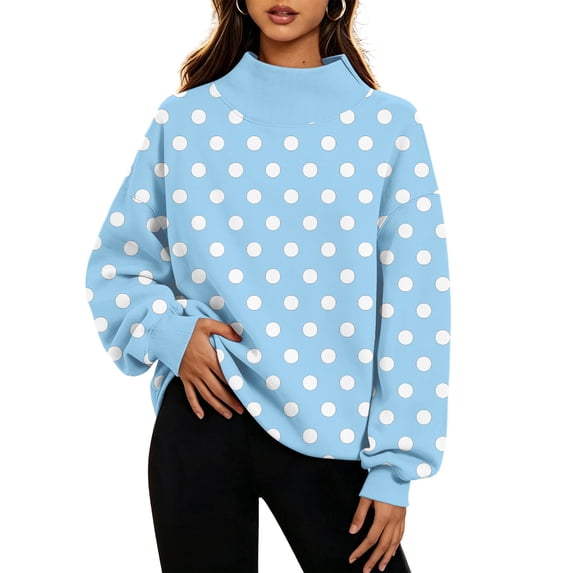 Hearthz Womens Polka Dot Sweatshirts Mock Neck Thermal Womens Sweatshirts Oversized Drop Shoulder Long Sleeve Streetwear Y2k Fall Winter Pullover Sweaters for Women