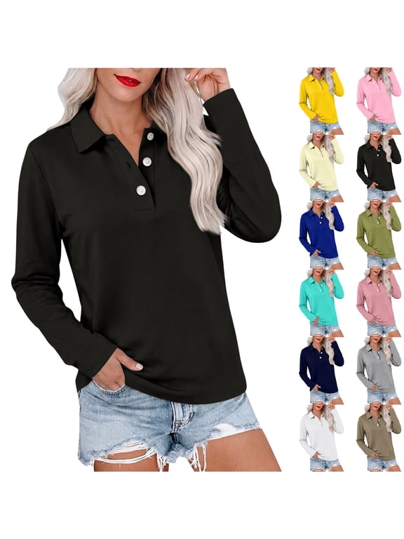 Womens Polo Shirts 3 Button Long Sleeve Shirts for Women Relaxed Fit Solid Color Tshirts Shirts for Women Tennis Activewear Black L