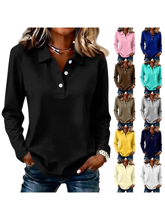 Womens Polo Shirts Basic Lapel Collar Long Sleeve Shirt Women Fall Winter Solid Color Womens Golf Polo Tennis Tops Light Brown L