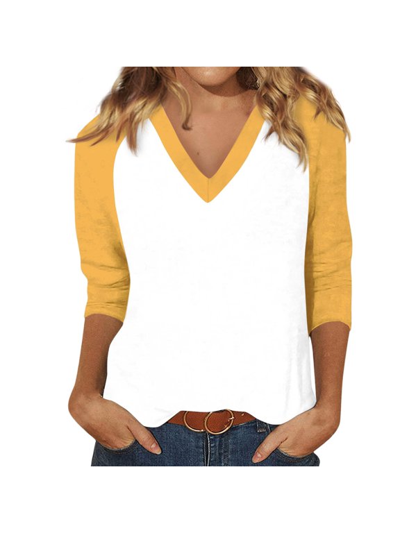 Womens Raglan Shirts 3/4 Sleeve Plus Size V Neck Baseball Shirt Color Block Going Out Tops for Women Fall Blouse for Women