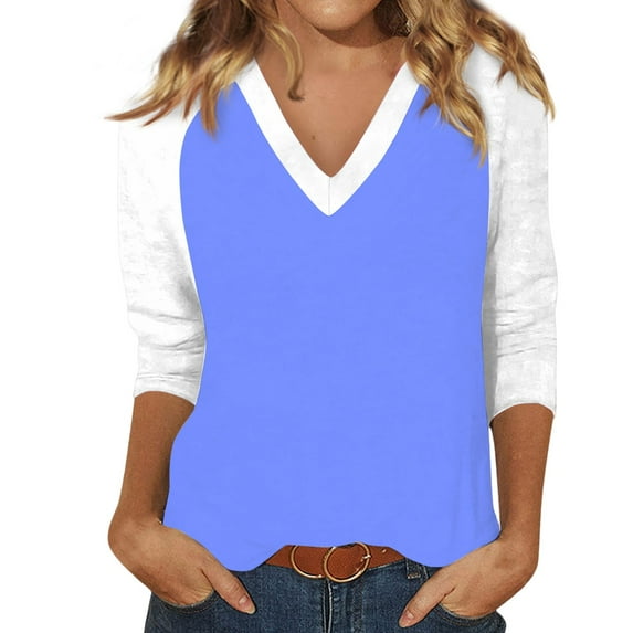 Hearthz Womens Raglan Shirts 3/4 Sleeve Plus Size V Neck Baseball Shirt Contrast Womens Tops Summer Fall Women's Business Casual Blouses