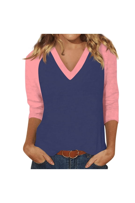 Womens Raglan Shirts 3/4 Sleeve V Neck Baseball Jersey Contrast Tops for Women Fall Womens Summer Blouse