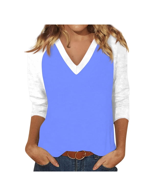 Womens Raglan Shirts 3/4 Sleeve V Neck Baseball Jersey Patchwork Womens Plus Size Tops Fall Dressy Blouses for Women