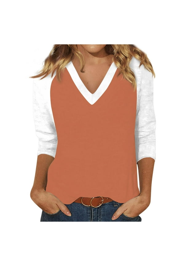Womens Raglan Shirts 3/4 Sleeve V Neck Baseball Shirt Color Block Cute Tops for Women Summer Fall Women Blouses Dressy Casual