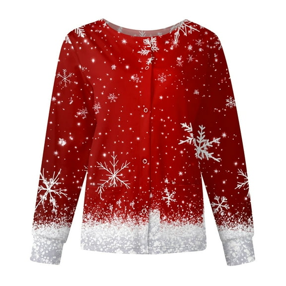 Hearthz Womens Scrub Jacket Christmas Long Sleeve Nurses Working Uniforms Snap Front Warm Up Womens Scrub Tops Print with Pockets
