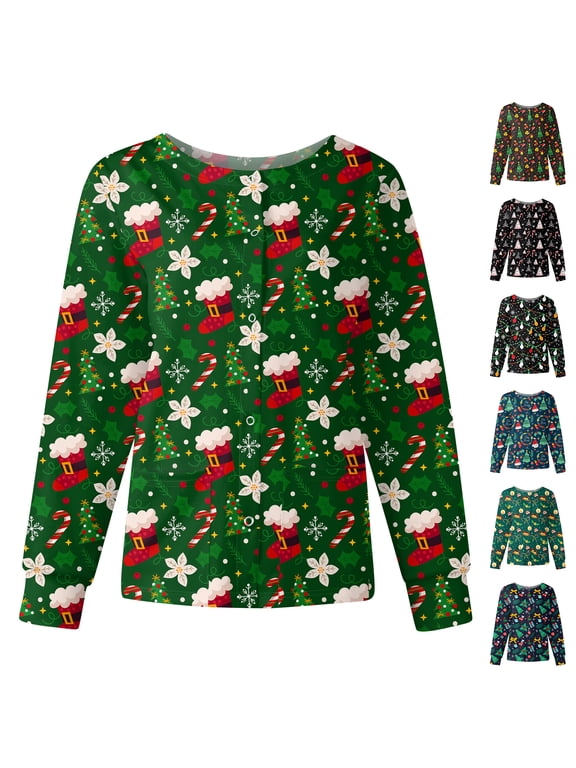 Womens Scrub Jacket Merry Christmas Warm Up Scrub Tops for Women Fitted Snowman Print Long Sleeve Snap Front Nurse Uniforms with Pockets S-5XL