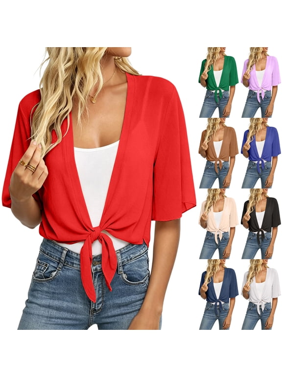 Womens Shrug Sheer Tie Front 3/4 Sleeve Cropped Cardigan Mesh Lightweight Shrug for Dressy Black XL